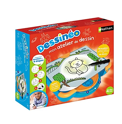 Nathan - Dessineo Mon Atelier de Dessins, Tablette a Dessin Enfant, Projecteur Dessin, Apprendre a Dessiner Par Étape, Jeu Educatif, 10 Planches, Stylo Inclus, Amusant, Facile à Transporter, Dès 4 Ans