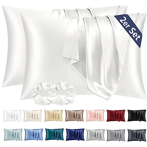 Taie Oreiller Satin 50x70 Lot de 2,pour Cheveux,Similaire Aux Taie d Oreiller en Soie,Taies d'oreillers 50x70 certifié Oeko-Tex Blanc &amp; 2 Satin Chouchous Vielit