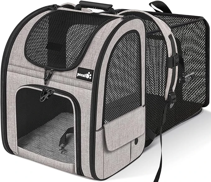 Pecute Sac à Dos Chat Extensible 90%, pour Petit Chien Respirant, Sac a Dos de Transport Chat avec Matelas en Peluche Amovible, pour Voyage en Train/Voiture/Restaurant/Avion