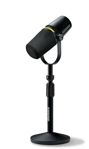 Shure MV7+ Microphone pour Podcast avec Pied de Micro-Audio amélioré, Bandeau Tactile LED, Sorties USB-C et XLR, Mode Auto Level, Filtre Anti-Pop numérique, réverbération intégrée, podcasting - Noir