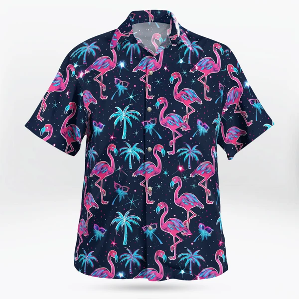 Pink Flamingos With Palm Trees Aloha Shirt Black | Tropi Hawaiian Shirts Store