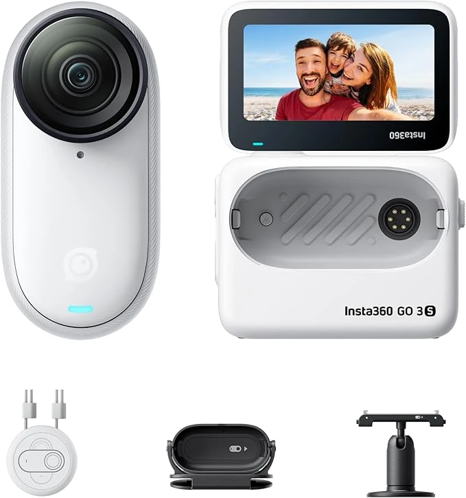 Insta360 GO 3S Blanc Arctique (128GB) - Petite caméra de vlog 4K, POV Mains Libres, Montage Partout, stabilisation, 140 Min d'autonomie, étanche à 10 m, édition IA, pour vlog