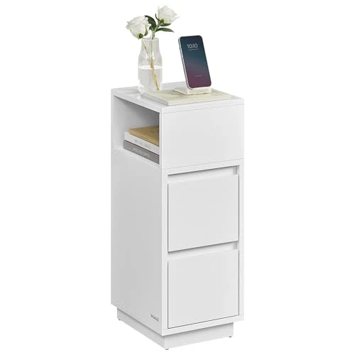 VASAGLE Table de Chevet Étroite, Table d’Appoint avec 2 Tiroirs et Compartiment Ouvert, Montage à Gauche ou à Droite, pour Chambre, Salon, Blanc Nuage LET656W01