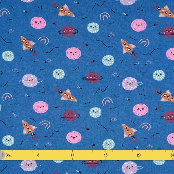 Tissu jersey de coton planètes et fusées bleu