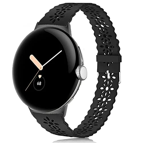 Blueshaweu Bracelet Compatible avec Google Pixel Watch/Pixel Watch 2 pour Femmes Filles, Silicone Sport Bracelet Souple Mince Dentelle Respirant Braceletpour (Noir)