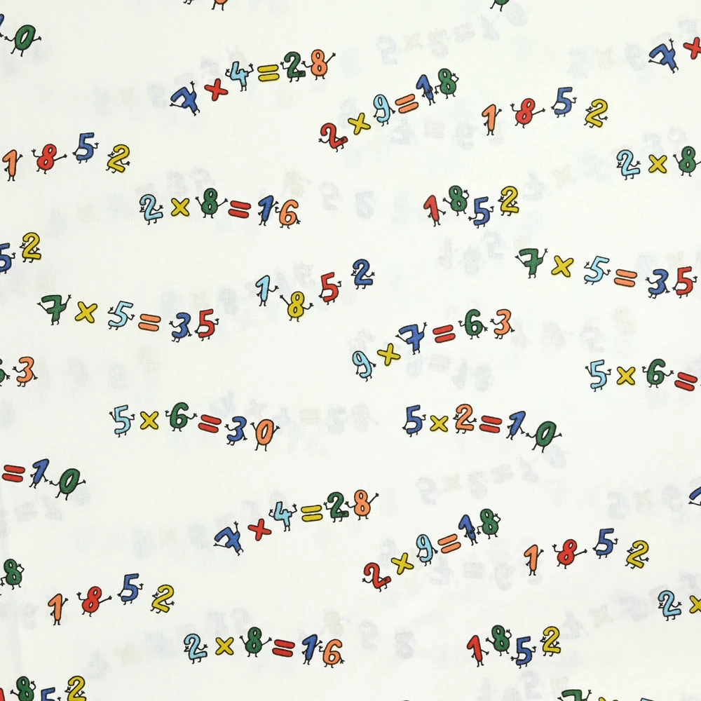 Coton imprimé table de multiplication fond blanc