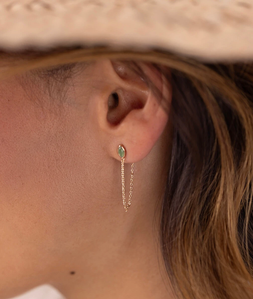 Boucles d'oreilles puces goutte Aventurine et chaîne Plaqué or