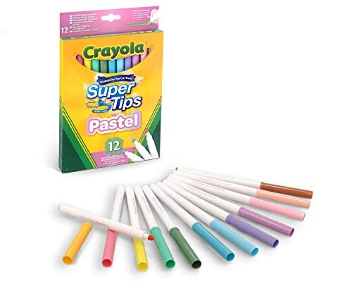 Crayola - Super Tips, Feutres lavables à pointe moyenne, set de 12 pièces, pour l'école et les loisirs créatifs, exercices de lettrages, écriture manuscrite, calligraphie, couleurs pastel, 58-7515