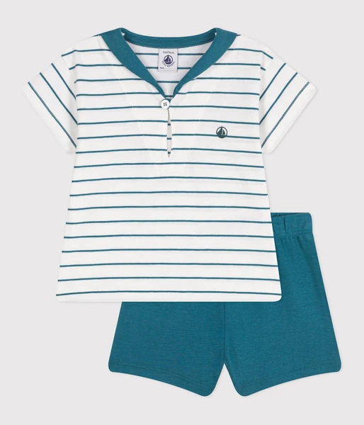 Ensemble bébé deux pièces en coton, t-shirt rayé, et short uni