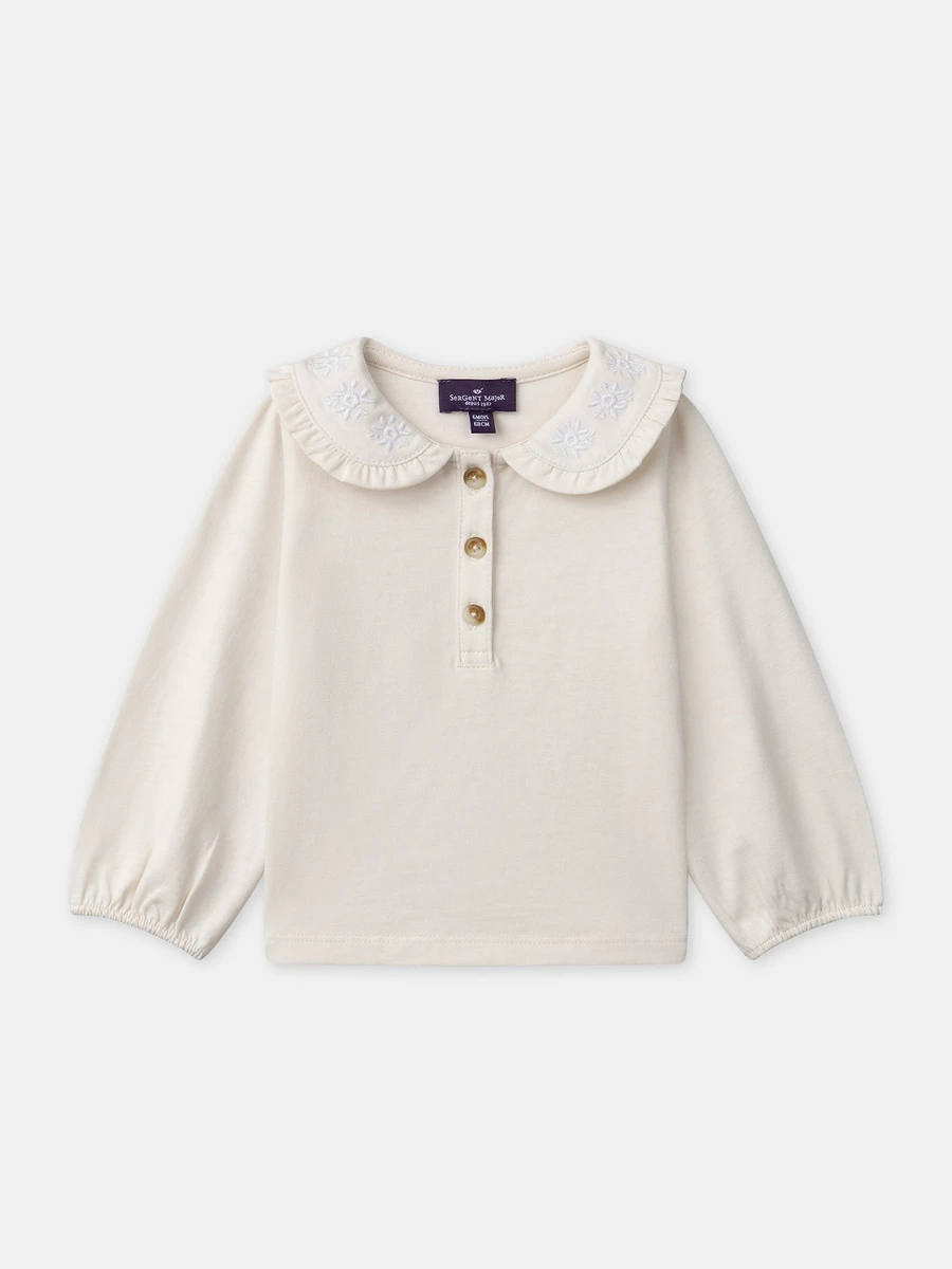 T-shirt écru à col claudine et broderies fleurs Bébé Fille