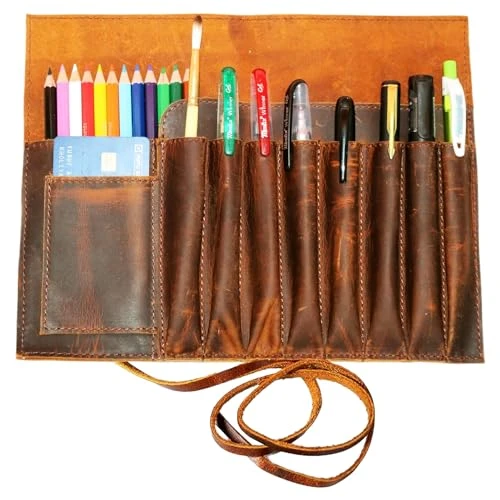 Jaald Trousse à Crayons en Cuir véritable - Organisateur de pinceaux - Règle - Cadeau pour étudiants, Artistes, Peintres et écrivains - Fermeture à Cordes, Vintage, Marron, L, Rétro
