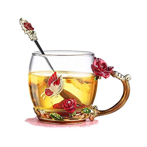 Papillon Fleur Cristal Verre Tasses à café Tasse à thé avec Cuillère en Acier et Coffret Cadeau, Idee Cadeau Femme Collègue Epouse Maman Amie Maitresse Noel Anniversaire Saint Valentin