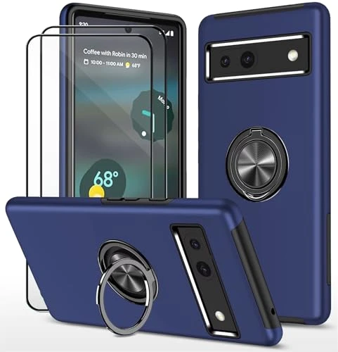 Dechyi Coque pour Google Pixel 7a (6.1") et 2 pièces Verre trempé Housse Etui Support de Bague résistant aux Chocs résistant aux Rayures PC Silicone Heavy Duty Robuste Durable- Bleu