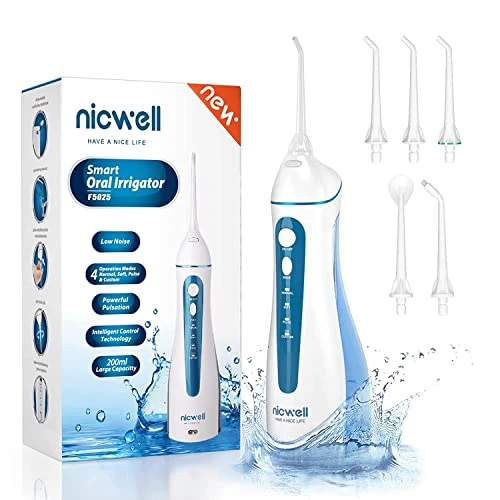 Hydropulseur jet Dentaire Portable - Irrigateur Oral Professionnel, IPX7 Etanche, 5 Buses à Jet, 4 intensités différentes Modes, USB Chargé pour 21 Jours D'utilisation, Avec une Capacité de 200 ML