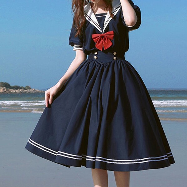 Robe japonaise en coton à manches courtes pour femmes, vêtement Harajuku à col marin, Lolita douce, avec nœud papillon, rétro, Style Kawaii Preppy
