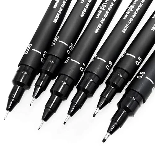 Uni Pin - Lot de 6 stylos à dessin - Encre noire - Pointe fine de 0,03 à 0,8 mm