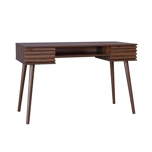 sweeek - Bureau décor Bois 2 tiroirs MADERE Noyer. 1 casier. façade rainurées. 120 x 55 x 76.5 cm