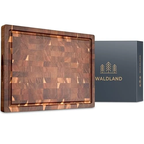 WALDLAND Planche à découper en bois de qualité supérieure - 40 x 30 x 3 cm - En bois d'acacia robuste - Planche à découper épaisse avec rainure à jus - Bois de cerveau