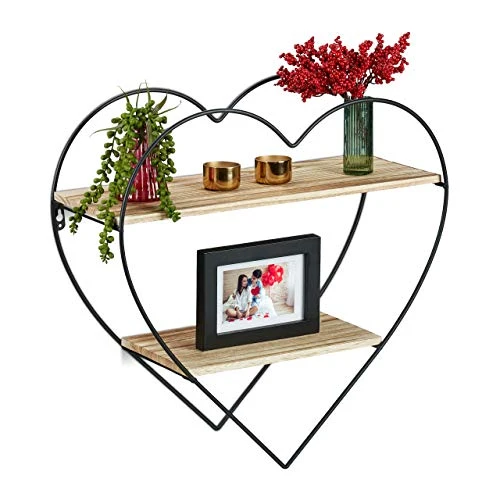 Relaxdays Étagère Murale métal 2 tablettes Bois Suspendue Flottante Forme cœur Romantique déco, 48 x 50,5 x 19cm, Nature, Fer, 1 élément