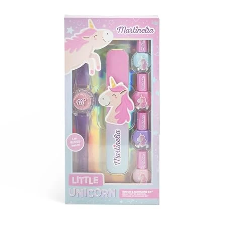 Martinelia Kit Manucure Enfant, Lime à Ongles + Montre avec Gloss Licorne - Coffret Vernis à Ongles Pastel pour Fille, Montre Licorne avec Brillant à Lèvres - Vernis à l'Eau