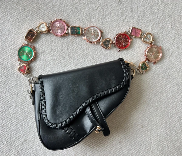 Vintage punk multicolor watch bag strap, trendy clocks metal bag chains, Y2K watch bag accessory, watch bag chain & belt, unique gift
