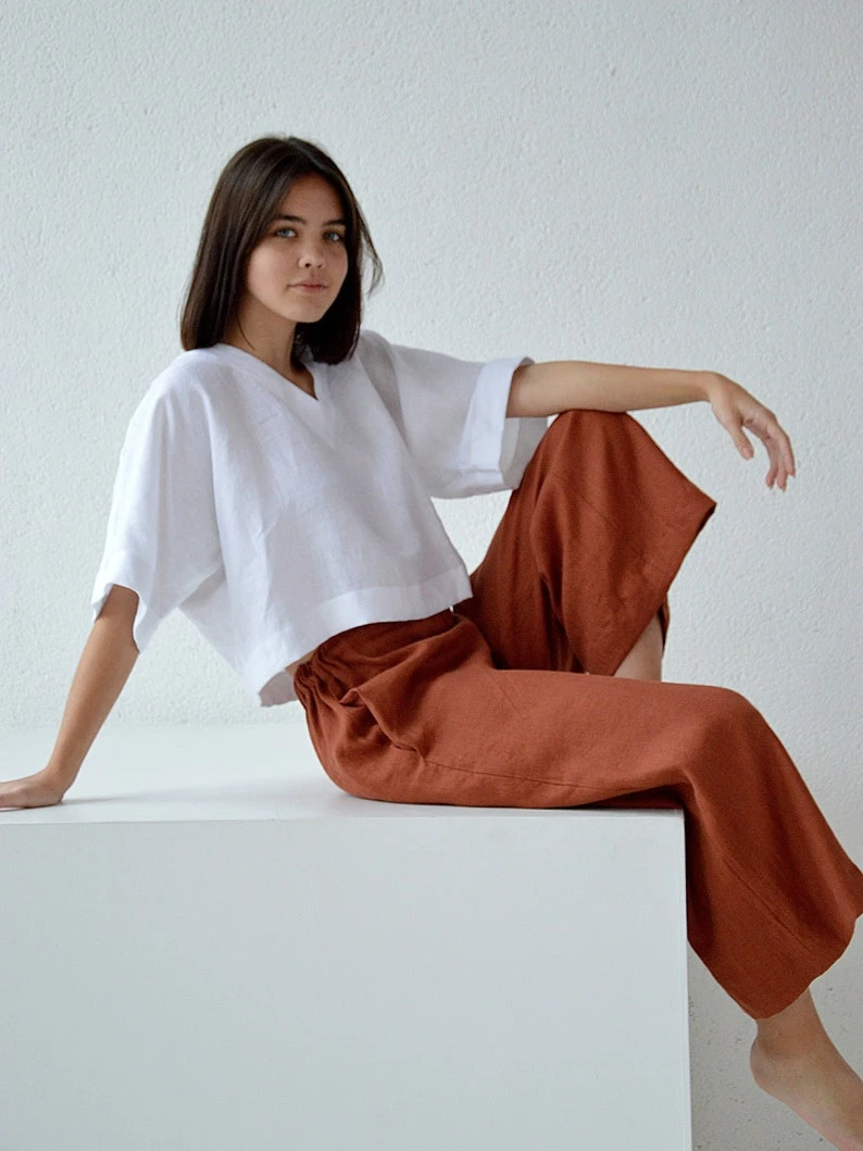 Linen pants, linen culottes woman's, terracotta casual pants, linen culottes, wide leg pants