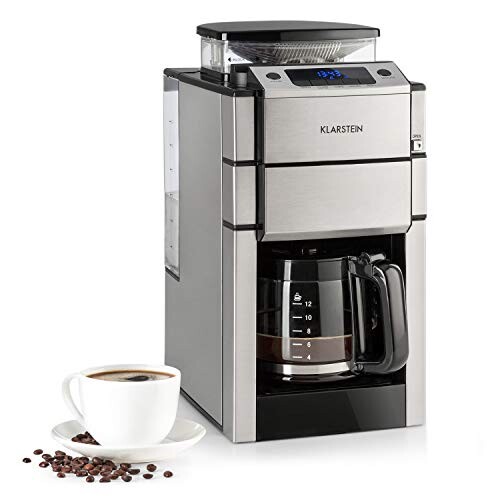 KLARSTEIN Aromatica X - Cafetière avec broyeur, 3 degrés de broyage, Minuterie, Ecran LED, Nombre de Tasses réglable, Filtre à Charbon Actif, Fonction de Maintien au Chaud, Argent