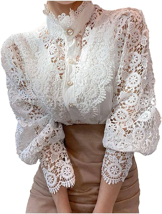 2023 Mode Femme Chemisier Dentelle Chic Chemise Victorien à Manche Longue Bouffante Ballon Sexy Chemisier Gothique Lolita Lace Ajouré Top Blouse Renaissance Elégant Ample Vintage