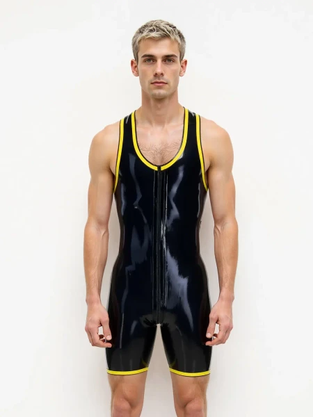 Body en latex sans manches avec fermeture éclair bidirectionnelle pour homme