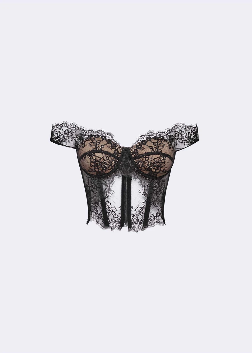 Black Floral Dentelle Off-Shoulder Bustier Corset - POEM