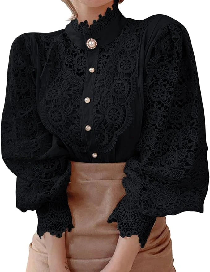 Petalum Femme Chemisier Dentelle Chic Chemise Victorien à Manche Longue Bouffante Ballon Sexy Chemisier Gothique Lolita Lace Ajouré Top Blouse Renaissance Elégant Ample Vintage