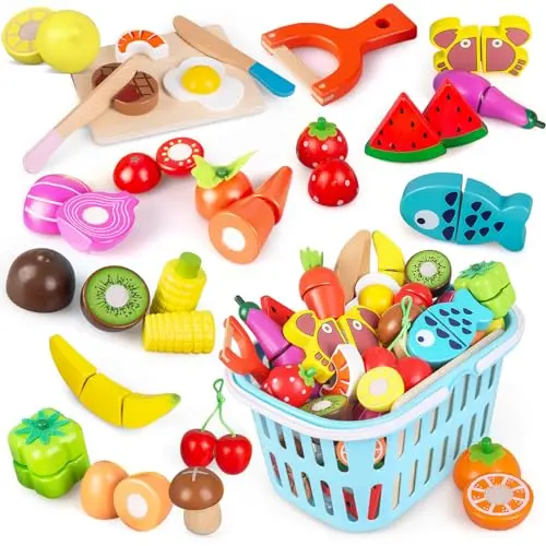 kramow Dinette en Bois, Dinette Enfant, Legumes Jouet avec Panier, Accessoire Cuisine Enfant, Jouets Alimentaires, Jouet Bois Cadeau pour Garçon Fille 3 4 5 6 Ans+