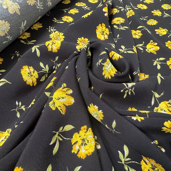 CRÊPE MARROCAIN VISCOSE FOND NOIR MOTIFS TOURNESSOL