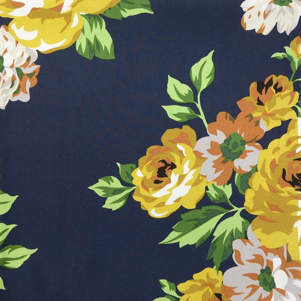 Crêpe imprimé des fleurs et des fleurs moutarde fond marine
