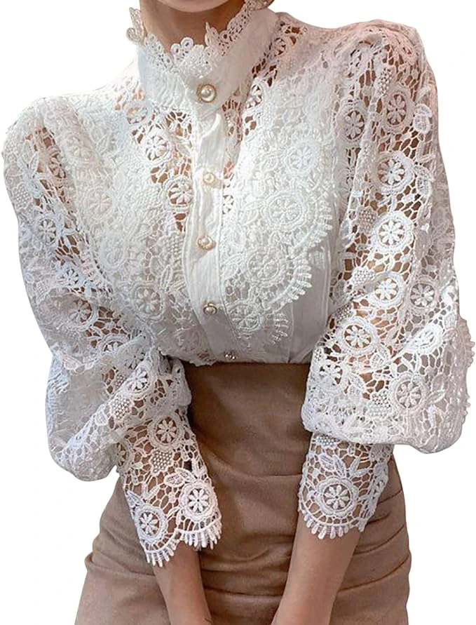 Petalum Femme Chemisier Dentelle Chic Chemise Victorien à Manche Longue Bouffante Ballon Sexy Chemisier Gothique Lolita Lace Ajouré Top Blouse Renaissance Elégant Ample Vintage