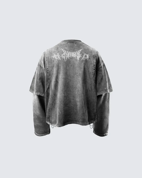 KIIKIO-T-shirt long superposé délavé de style vintage