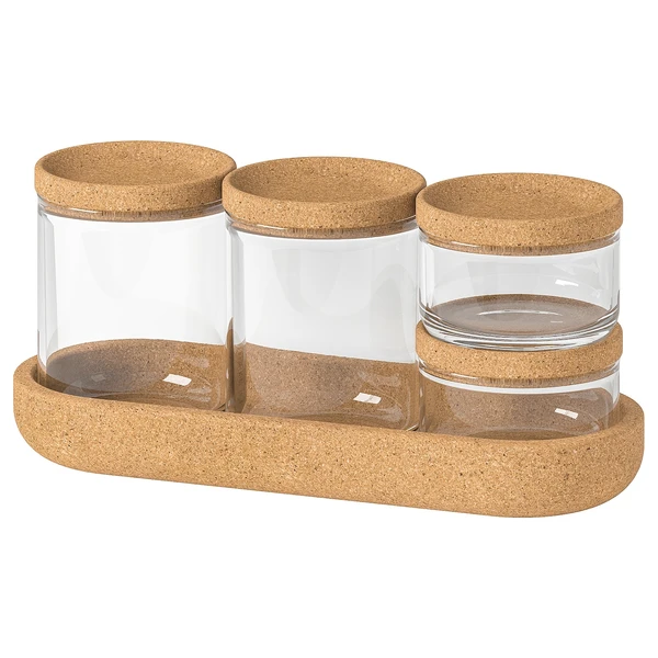 SAXBORGA Pots + couvercle et support, 5 pcs - verre liège