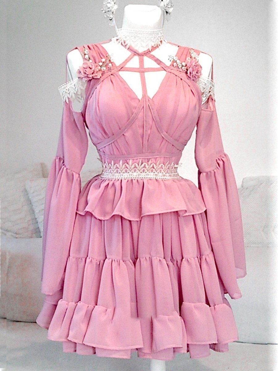 Women'S Pink V-Neck Stitching Lace Dress