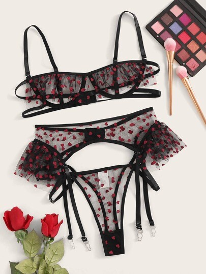 Ensemble de lingerie transparent à imprimé cœur