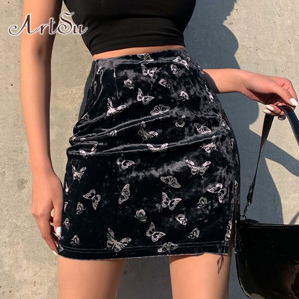 ArtSu — Mini jupe en velours Vintage style Streetwear noire, robe sexy, de taille haute, fendue, style coréen, assk20276
