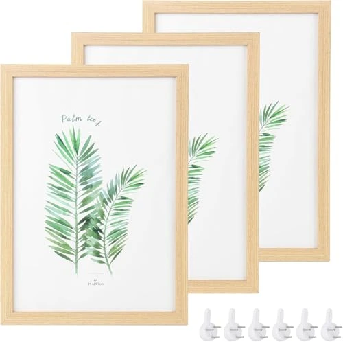 DMJJSD® Lot de 3 cadres photo A4 en bois de chêne massif avec verre Plexi pour dessus de table et montage mural pour photos, affiches, puzzles (23 x 32 cm)