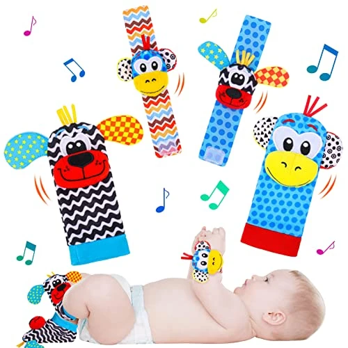 hugttt 4 Pcs Bébé Poignet et Chaussettes Hochet Jouets, Pied Finder et Poignet de Bell Strap Hochet Chaussettes Animaux Jouet Eveil Hochet Cadeau Naissance Garçons Filles 0 à 6 Mois