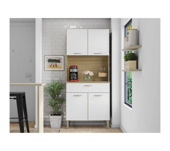 Buffet De Cuisine 4 Portes 1 Tiroir Chêne Et Blanc L 74.5 H 170.5 P 36.3 Cm