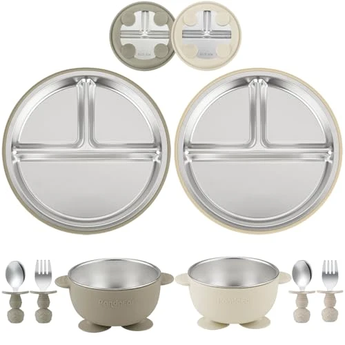 PandaEar Lot de 8 Ustensiles d’Alimentation pour Bébé, Assiettes et Bols à Ventouse en Acier Inoxydable avec Cuillère et Fourchette en Silicone, Vaisselle DME (Taupe & Beige)