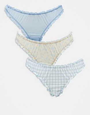 ASOS DESIGN - Lot de 3 strings en tulle froncé avec imprimé à petites fleurs et carreaux vichy - Jaune et bleu