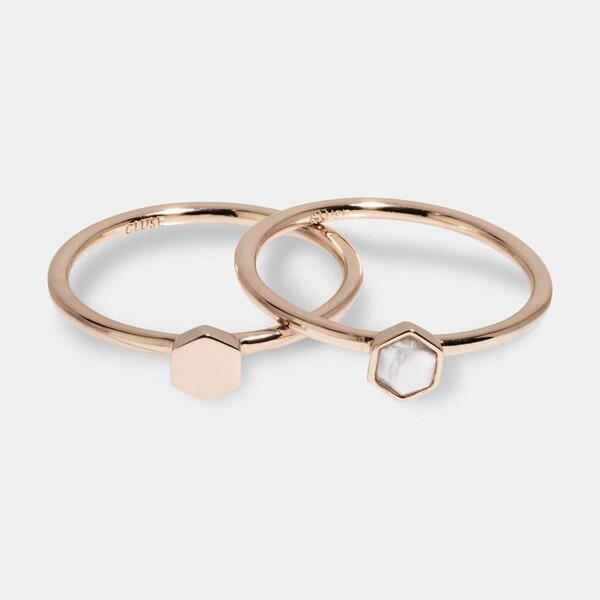Idylle Rose Gold Solid And Marble Hexagon Ring Set - 52