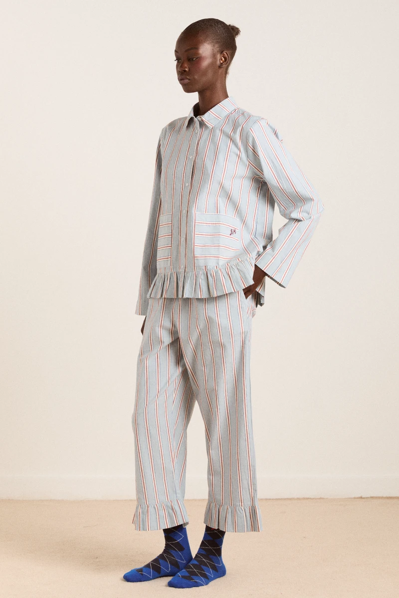 frill florie pj set - blue/burg stripe