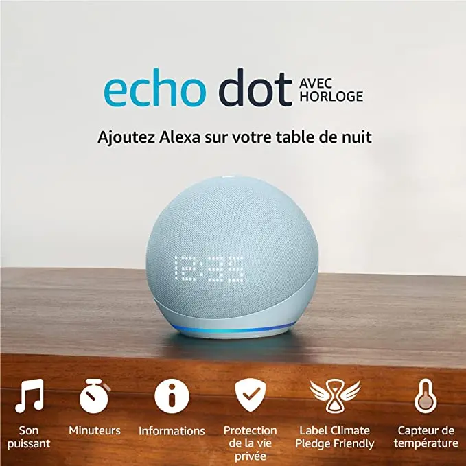 Echo Dot avec horloge (5e génération, modèle 2022) | Enceinte connectée Bluetooth et Wi-Fi au son puissant encore plus imposant, avec horloge et Alexa | Bleu-gris