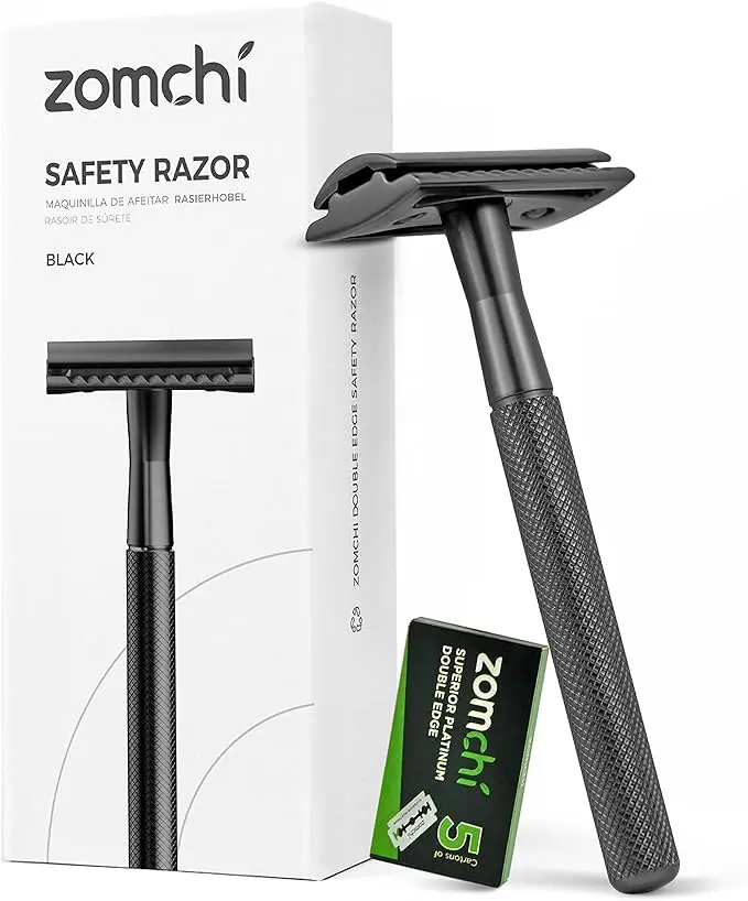 ZOMCHI Rasoir de Sécurité Noir - Rasoir pour Homme ou Femme - Rasoir Manuel avec 5 lames - Rasoir de rasage avec boîte délicate - convient à toutes les lames de rasoir à double tranchant