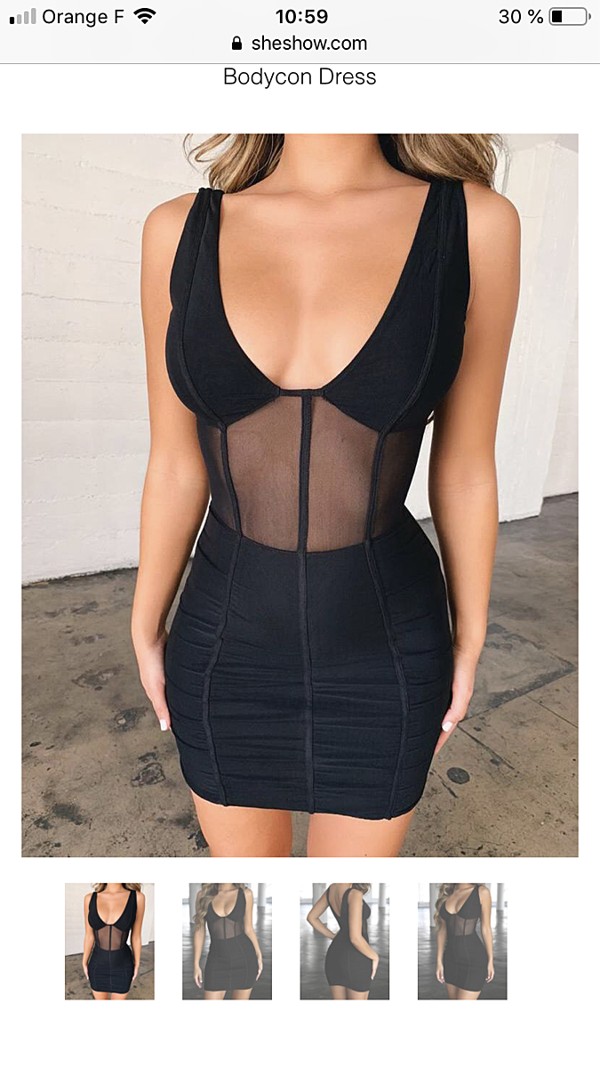 Plunge Neck Mesh Waist Bodycon Dress